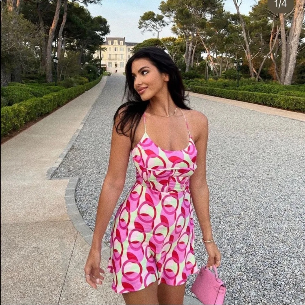 💕BLOGGERS FAV💕 NWT ZARA Pink Green Printed Satin Effect Mini Dress